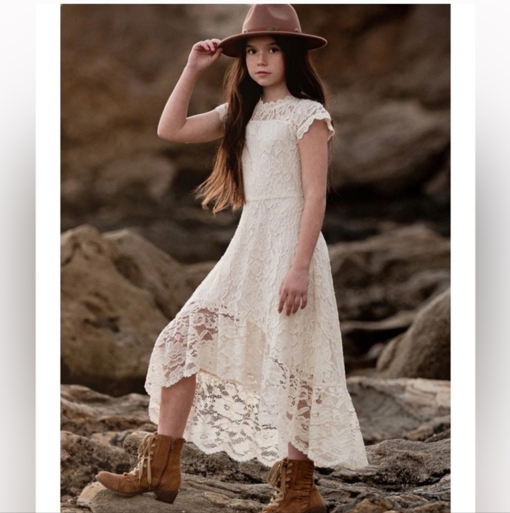 Joyfolie Mia Joy Girls Cream High-low Lace Crochet Dress Size 14